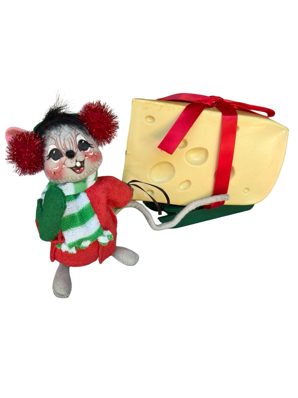 Vintage ‘99 Annalee Mouse Pulling Cheese on Sled - Red & Green